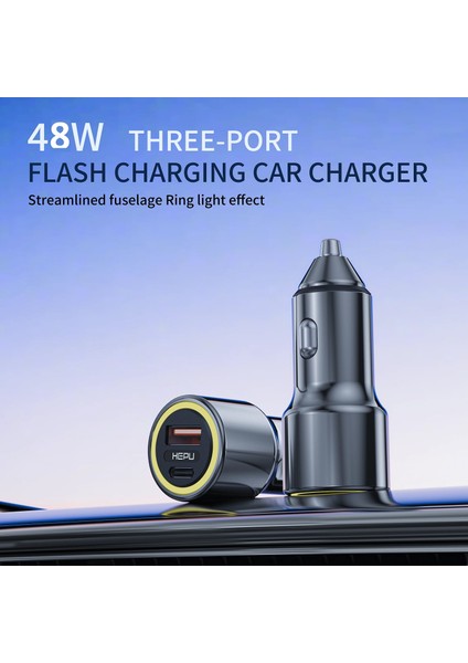 Hepu HP-782 Araç Içi Şarj Cihazı 3.1A Pd 48 Watt Fast Hızlı Şarj Aleti Metal Çakmaklık Şarj Type C 2-Port Işıklı
