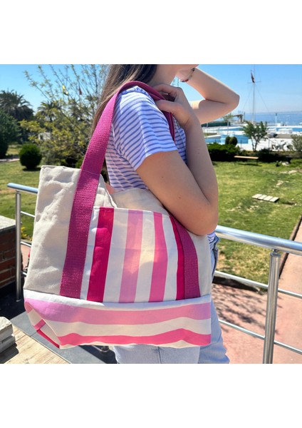 %100 Pamuk Kanvas Dokuma Çizgili Keten 3 Adet Cepli Omuz Çantası – Pembe /beyaz- 45*45*10- içi geniş cepli spor kumaş çanta fiyatları