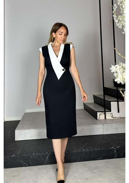 G1404 Yaka ve Kol Detaylı Kalem Elbise Siyah fırsatları