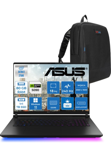 Rog Strix Scar 18 G835LX-SA156 Intel Core Ultra 9 275HX Aı 80GB GB 1tb+1tb 24GB/RTX5090 Gddr7 175W 18" 2.5k 2560 x 1600 240Hz 3ms 1200NITS Windows 11 Home Laptop WSA156H36+ZETTAÇANTA