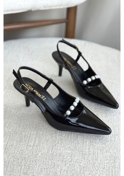 Kadın Justin Incili Kısa Topuklu Ayakkabı - Siyah-Rugan modelleri