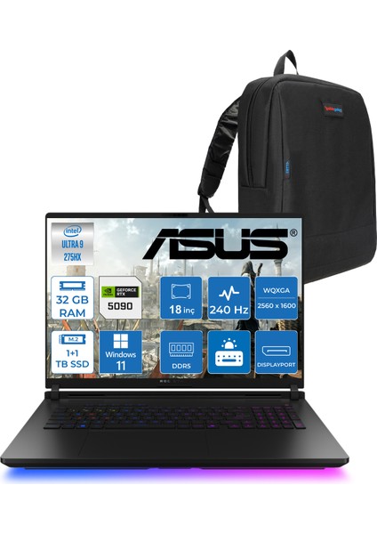 Rog Strix Scar 18 G835LX-SA156 Intel Core Ultra 9 275HX Aı 32GB GB 1tb Ssd+1tb SSD 24GB/RTX5090 Gddr7 175W 18" 2.5k 2560 x 1600 240Hz 3ms 1200NITS Windows 11 Pro Laptop WSA156W12+ZETTAÇANTA