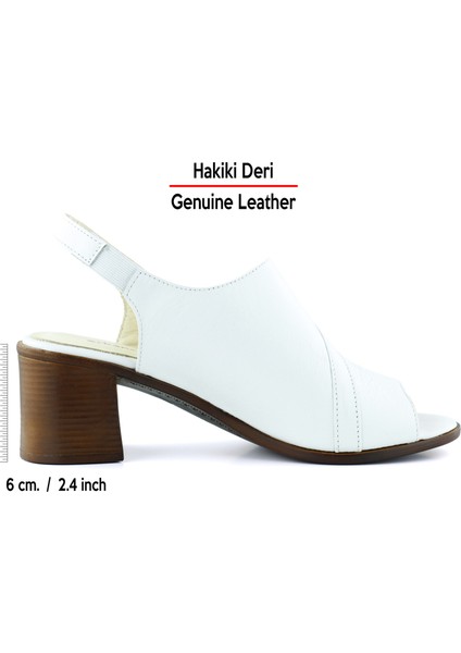 Saules Beyaz Hakiki Deri Kesik Detaylı Lastik Bantlı Topuklu Sandalet