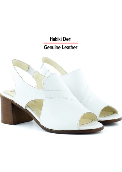 Saules Beyaz Hakiki Deri Kesik Detaylı Lastik Bantlı Topuklu Sandalet