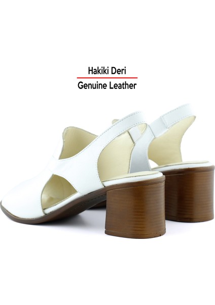Saules Beyaz Hakiki Deri Kesik Detaylı Lastik Bantlı Topuklu Sandalet