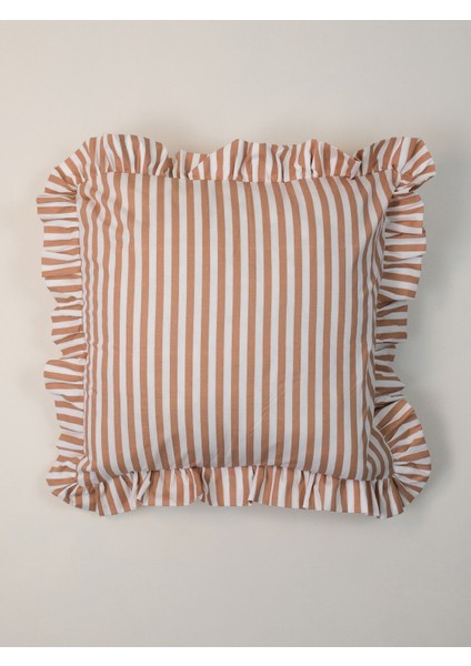 %100 Organik Pamuk Kahverengi-Beyaz Çizgili Volanlı Yastık Kılıfı