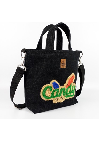 El Yapımı Siyah Kot Tufting Punch Candy Shop Çanta