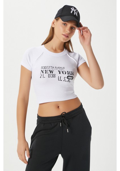 Kadın Fifth Yıkamalı Beyaz Crop Top