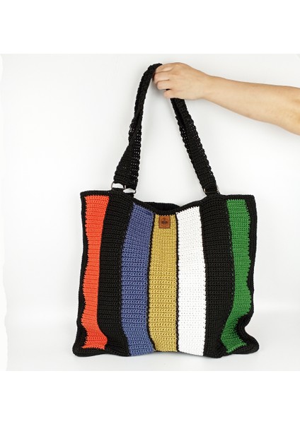 El Örgüsü Büyük Boy Çizgili Çanta