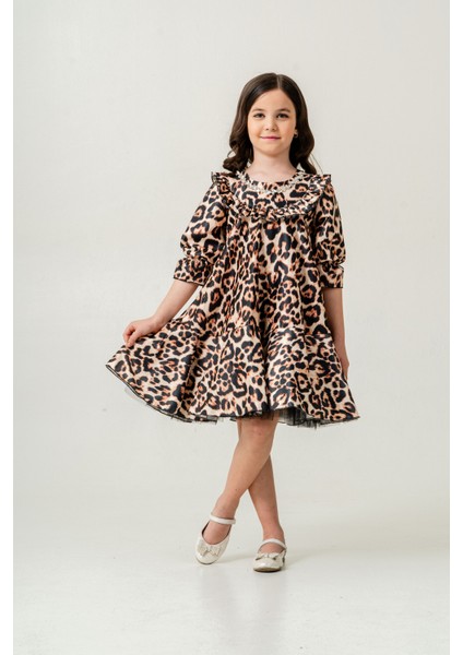 Leopar Desenli Zarif Kız Çocuk Abiye Elbise