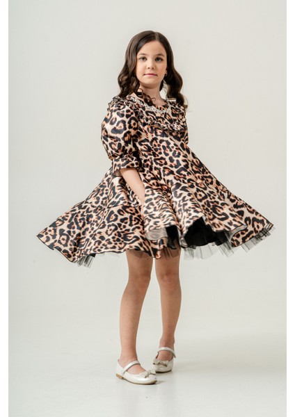 Leopar Desenli Zarif Kız Çocuk Abiye Elbise modelleri