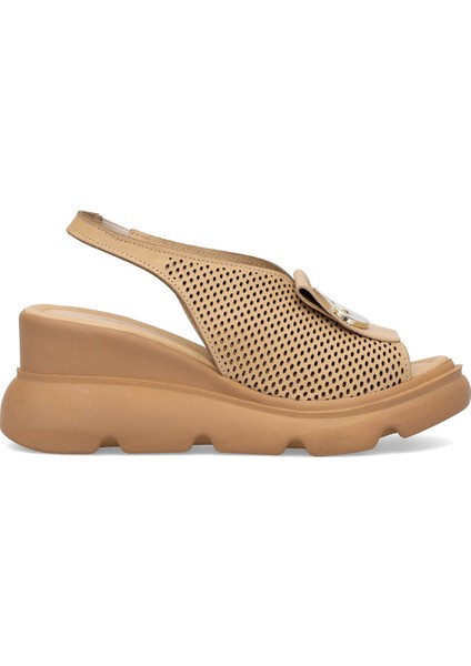 Elit Zeyn 8067 Kadın Hakiki Deri Dolgu Topuk Sandalet Camel