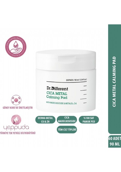 Dr.Different Cica Metal Calming Pad - Derma Metal ve Cica Içerikli Bariyer Pamuk Ped