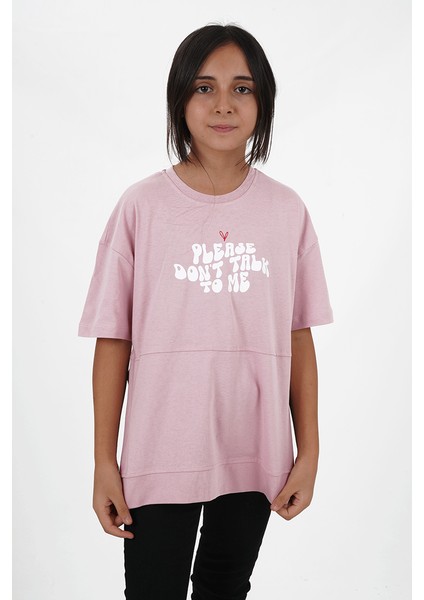 Kız Çocuk Süprem Kumaş Yandan Yırtmaçlı Baskılı Tshirt