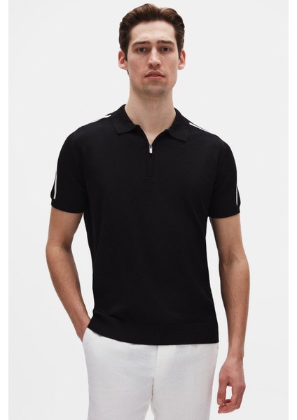 Ds Damat Slim Fit Siyah Rayon Polo Yaka Fermuarlı Triko T-Shirt 4HF06ORT10006