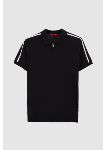 Ds Damat Slim Fit Siyah Rayon Polo Yaka Fermuarlı Triko T-Shirt 4HF06ORT10006
