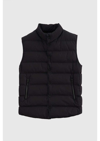 Slim Fit Siyah Düz Yelek Mont