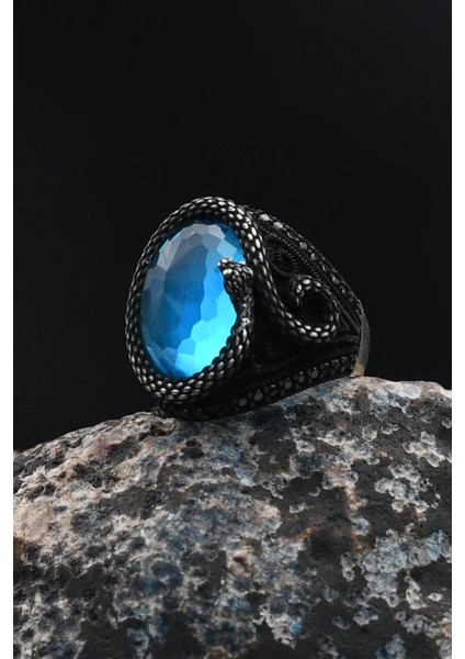 Aquamarine (Aqua Marin) Taşlı Yılan Figürlü 925 Ayar Gümüş Yüzüğü 901732