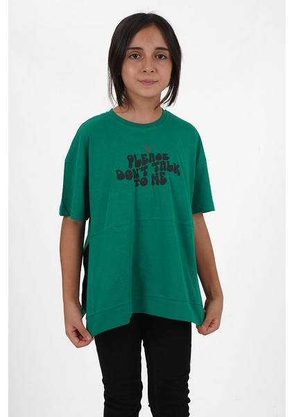 Kız Çocuk Süprem Kumaş Yandan Yırtmaçlı Baskılı Tshirt