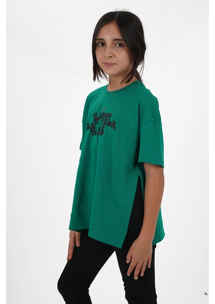 Kız Çocuk Süprem Kumaş Yandan Yırtmaçlı Baskılı Tshirt fiyatları