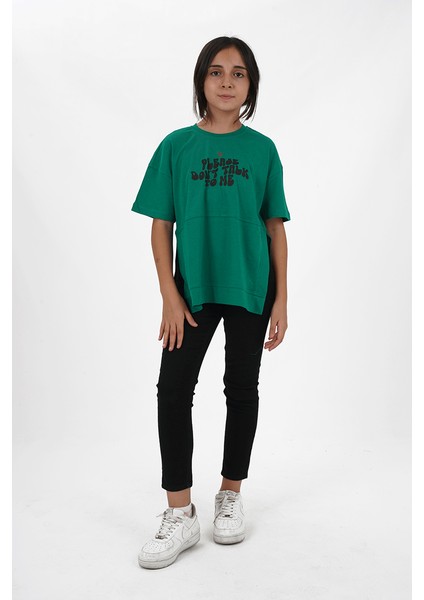Kız Çocuk Süprem Kumaş Yandan Yırtmaçlı Baskılı Tshirt indirimleri