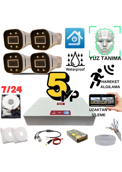 5 Mp Gece Renkli Yüz Tanıma Sesli H.265 1 Tb HDD Dahil 4 Kameralı Ahd Güvenlik Seti - ST541L