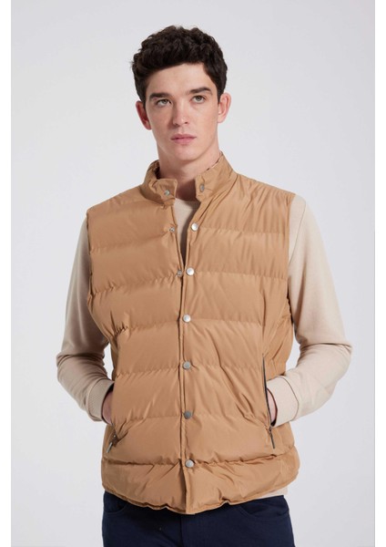 Slim Fit Camel Düz Yelek Mont