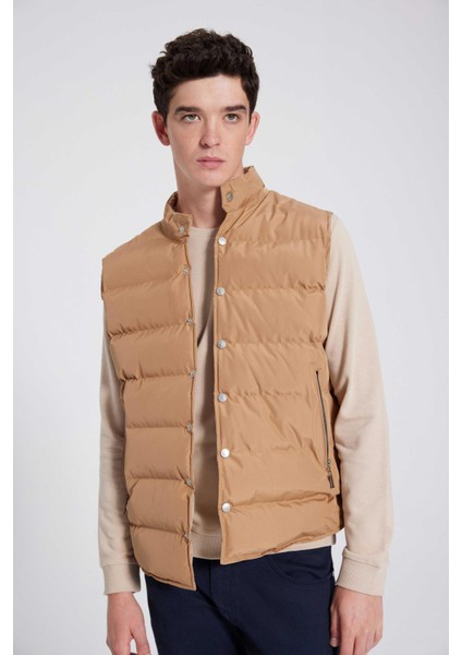 Slim Fit Camel Düz Yelek Mont