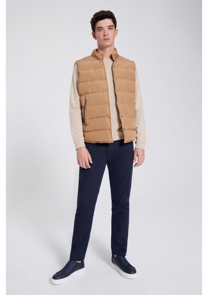 Slim Fit Camel Düz Yelek Mont