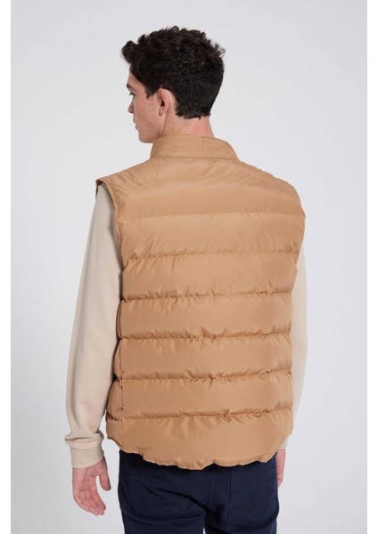 Slim Fit Camel Düz Yelek Mont