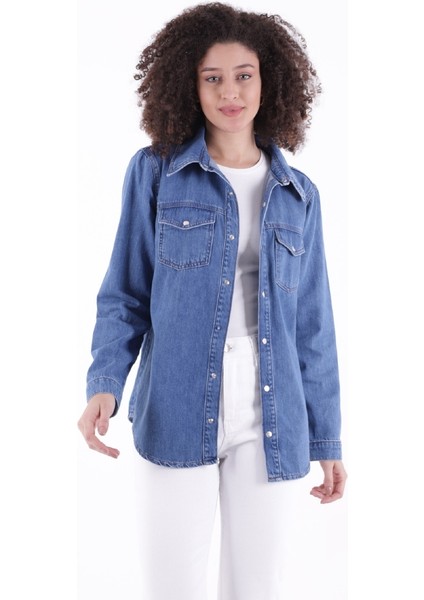 Klasik Yakalı Uzun Kollu Çıtçıt Kapama Detaylı Kadın Kot Gömlek Orta Mavi denim Dört Mevsim fiyatları