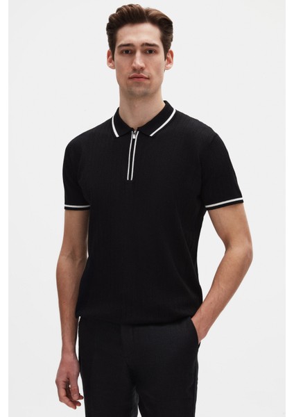 Ds Damat Slim Fit Siyah Rayon Polo Yaka Fermuarlı Triko T-Shirt 4HF06ORT10004