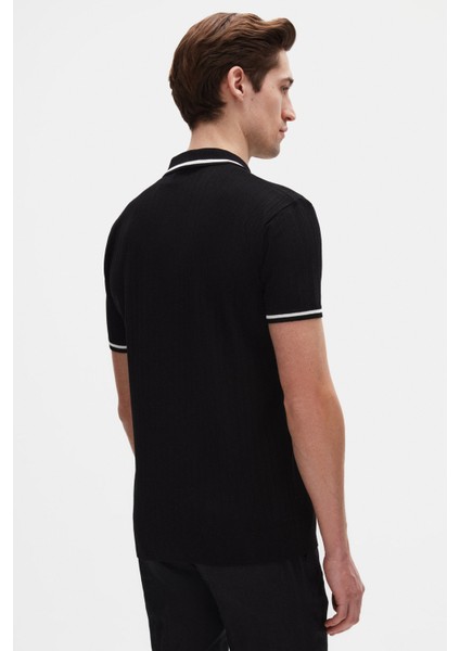 Ds Damat Slim Fit Siyah Rayon Polo Yaka Fermuarlı Triko T-Shirt 4HF06ORT10004