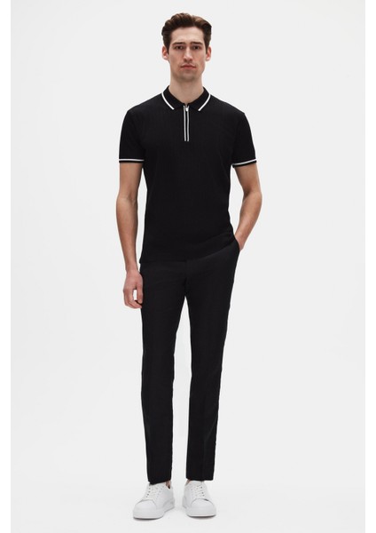 Ds Damat Slim Fit Siyah Rayon Polo Yaka Fermuarlı Triko T-Shirt 4HF06ORT10004