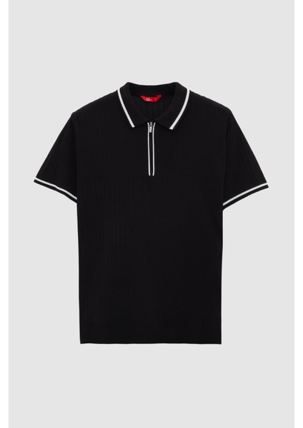 Ds Damat Slim Fit Siyah Rayon Polo Yaka Fermuarlı Triko T-Shirt 4HF06ORT10004