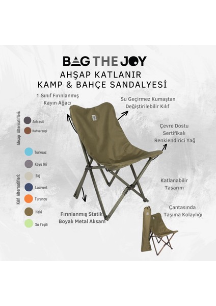 Ahşap Katlanır Kamp & Bahçe Sandalyesi – Antrasit - Haki Kılıf indirimleri