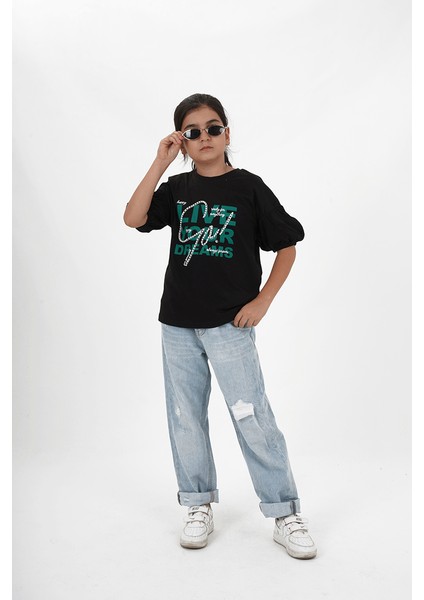 Kız Çocuk Süprem Kumaş Bisiklet Yaka Baskılı Tshirt