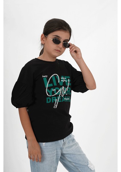 Kız Çocuk Süprem Kumaş Bisiklet Yaka Baskılı Tshirt modelleri