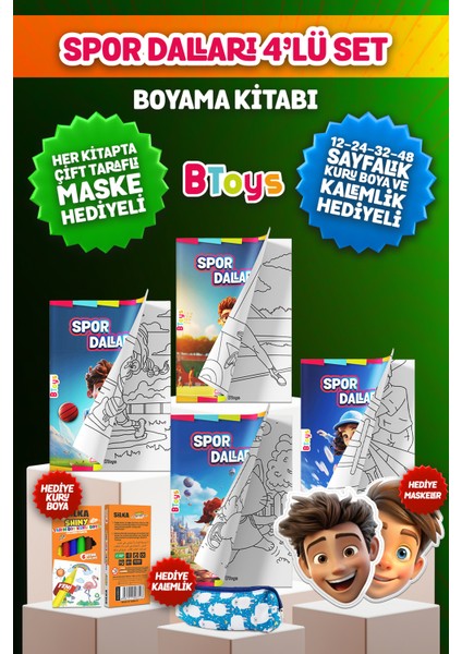 Boyama Kitabı Seti - Spor Dalları - Kuru Boya, Maske ve Kalem Kutusu Hediyeli