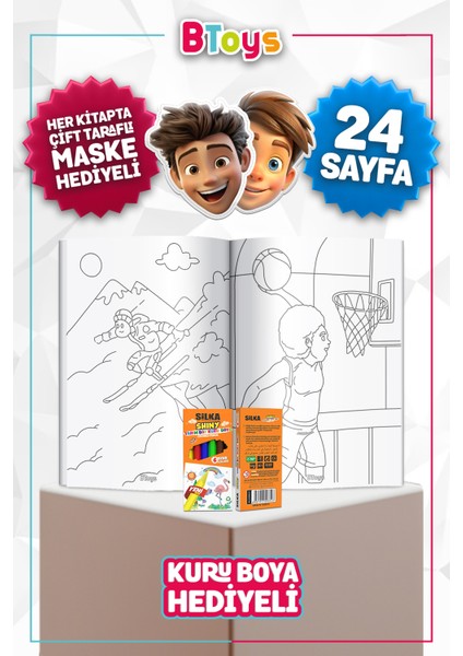 Boyama Kitabı Seti - Spor Dalları - Kuru Boya, Maske ve Kalem Kutusu Hediyeli