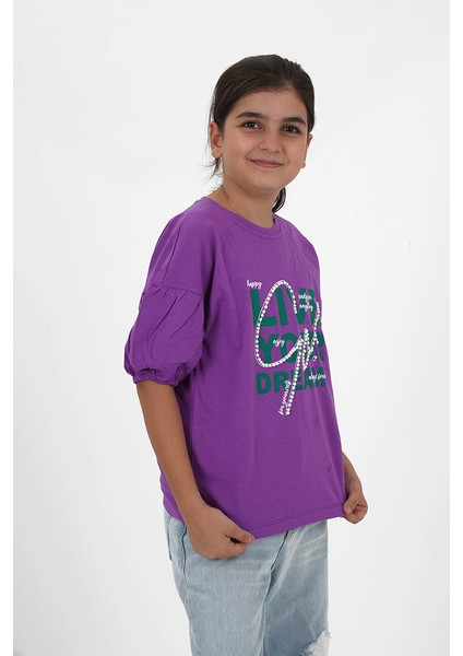 Kız Çocuk Süprem Kumaş Bisiklet Yaka Baskılı Tshirt modelleri