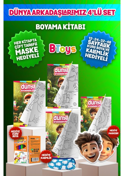 Boyama Kitabı Seti - Dünya Arkadaşlarımız - Kuru Boya, Maske ve Kalem Kutusu Hediyeli