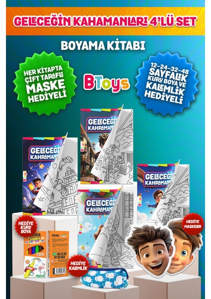 Boyama Kitabı Seti - Geleceğin Kahramanları - Kuru Boya, Maske ve Kalem Kutusu Hediyeli