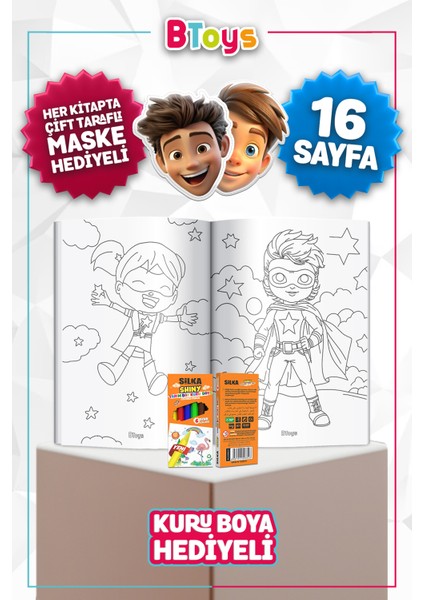 Boyama Kitabı Seti - Geleceğin Kahramanları - Kuru Boya, Maske ve Kalem Kutusu Hediyeli