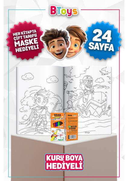 Boyama Kitabı Seti - Geleceğin Kahramanları - Kuru Boya, Maske ve Kalem Kutusu Hediyeli