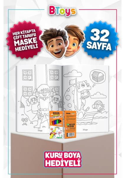 Boyama Kitabı Seti - Geleceğin Kahramanları - Kuru Boya, Maske ve Kalem Kutusu Hediyeli