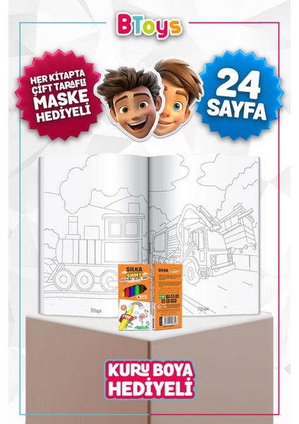 Boyama Kitabı Seti - Eğlenceli Taşıtlar - Kuru Boya, Maske ve Kalem Kutusu Hediyeli