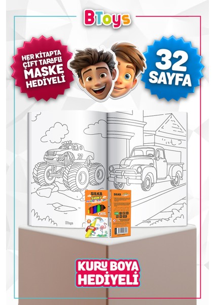 Boyama Kitabı Seti - Eğlenceli Taşıtlar - Kuru Boya, Maske ve Kalem Kutusu Hediyeli