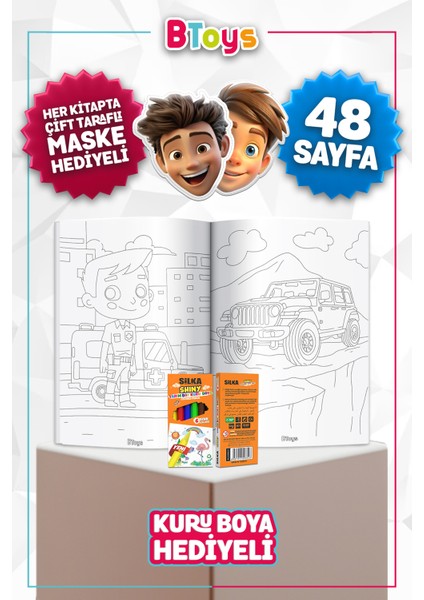 Boyama Kitabı Seti - Eğlenceli Taşıtlar - Kuru Boya, Maske ve Kalem Kutusu Hediyeli