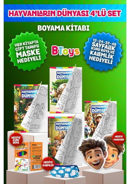 Boyama Kitabı Seti - Hayvanların Dünyası - Kuru Boya, Maske ve Kalem Kutusu Hediyeli